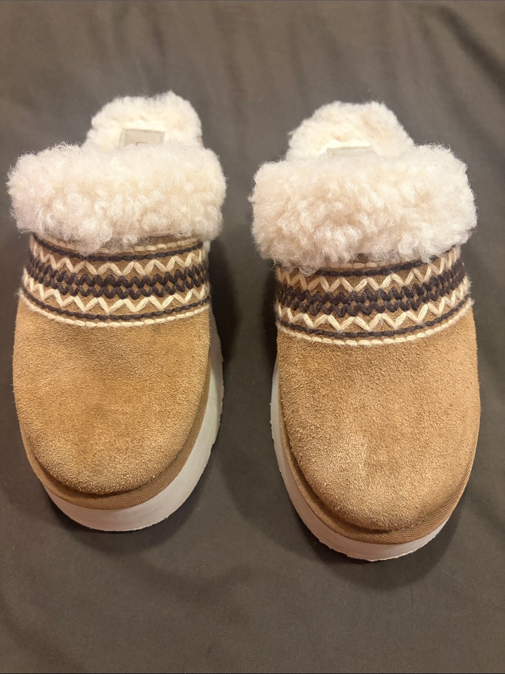 UGG  Tan Suede Slip-On Slippers with Cream Shearling Cuff
